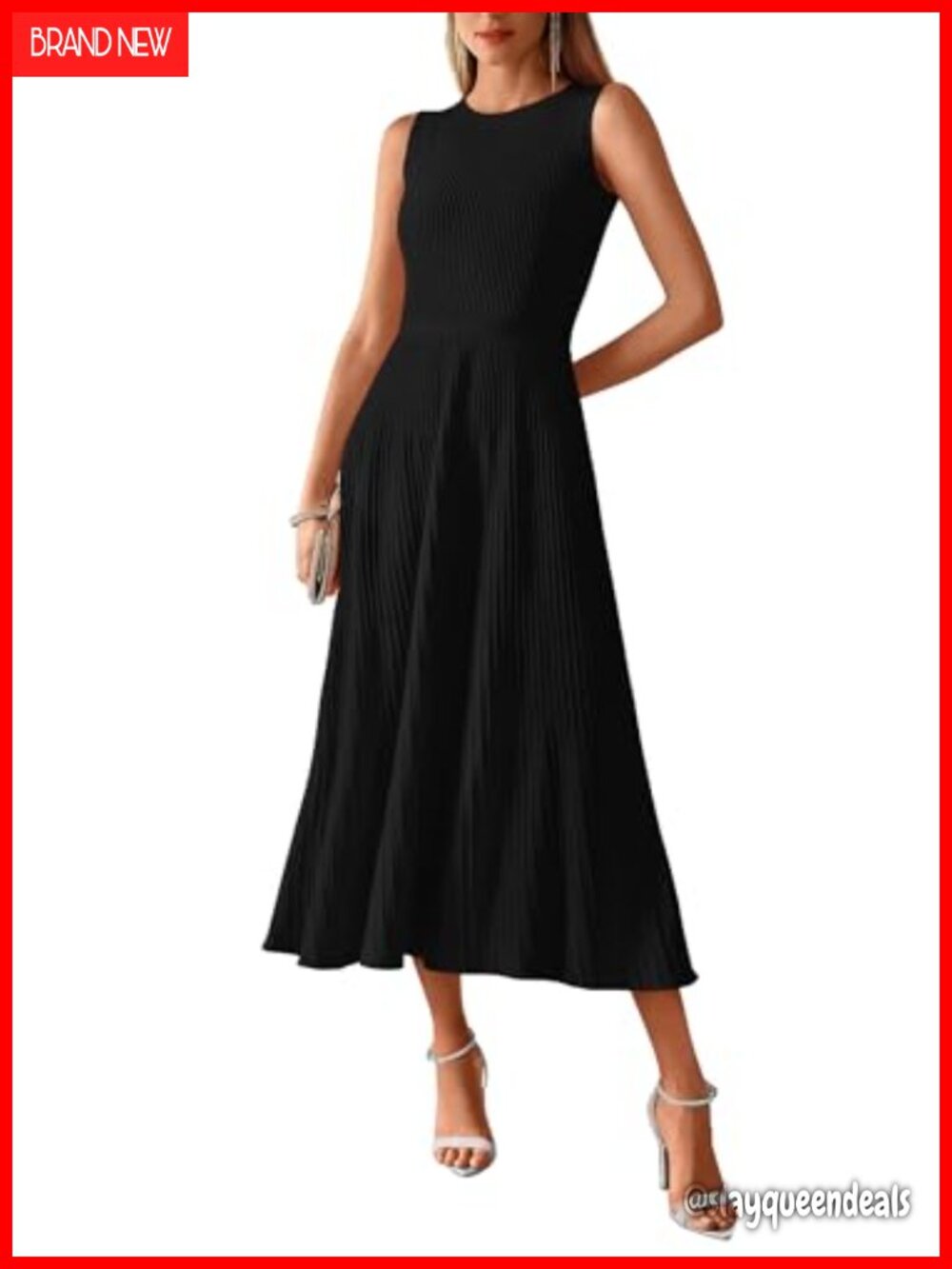 Women Midi Tank Dress Sleeveless Rib Knit A-Line Pleated Hem Casual